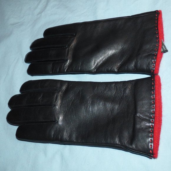 Ralph Lauren Black leather gloves, red trim, M - Picture 1 of 6